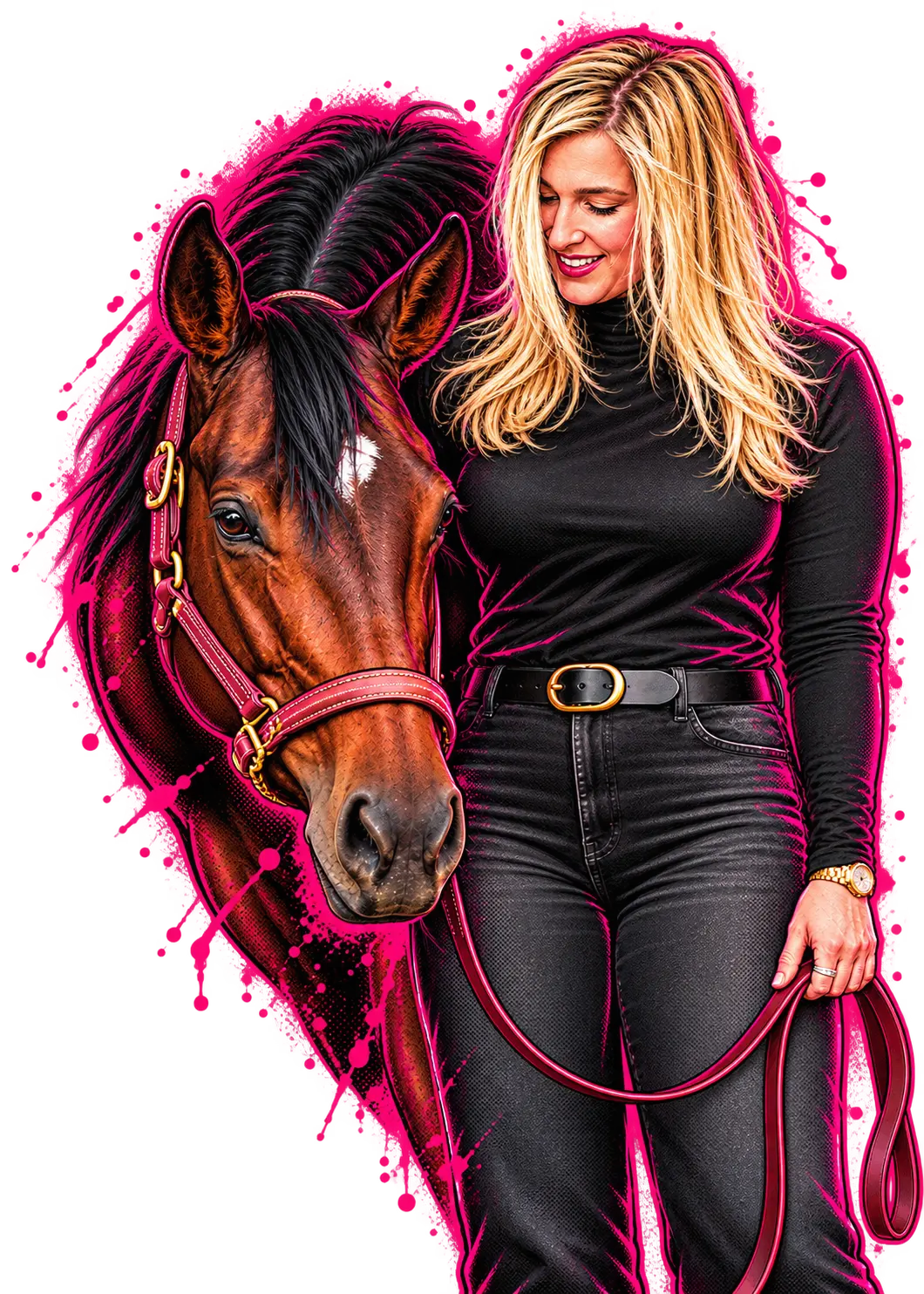 A watercolor portrait of Unbridled Dixie, a bay Thoroughbred hunter prospect, her white star bright on her forehead, with Cat Allen smiling beside her.
