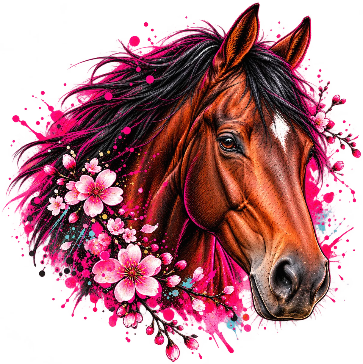 Unbridled Dixie, a big bay Thoroughbred hunter prospect with a white star on her forehead, painted in watercolor among pink cherry blossoms.